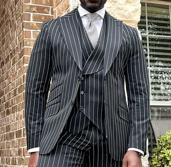 3 Tk Meeste Ülikond Tailor-Made, Must Pinstripe Äri Pulm Ametlik Põhjuslik Kõnniteed Iga Päev Rätsepatöö Kuub+Püksid