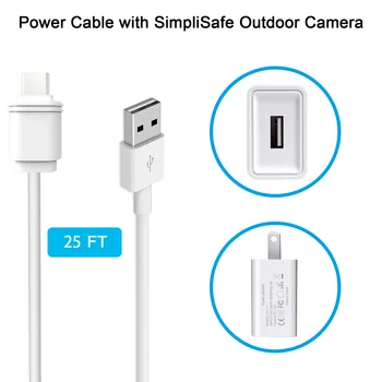7.6 m /25ft laadimiskaabel võimu SimpliSafe Traadita Väljas Turvalisuse Kaamera, USB Port Fast Laadija(valge)