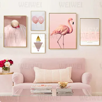 Flamingo Pink Kodu Kaunistamiseks Maali Roosa Õhupalli Elutoa Seina Canvas Poster Geomeetrilise Kunsti-Värv Kuldne Tekst Magamistuba