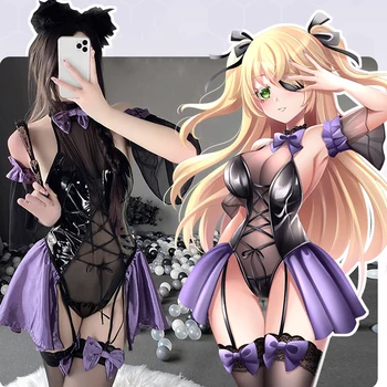 Genshin Mõju Fischl Cosplay Halloween Neiu Kleit Nightwear Lolita Girls Backless Päitsed Lateks Nahast Bodysuit Pesu Komplekt