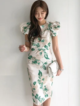 Korea Elegantne Midi Kleit Naistele Vintage Lilled Mull Varruka Bodycon Kleit Naissoost Isik Street Vestidos Tööd Stiilis Riided