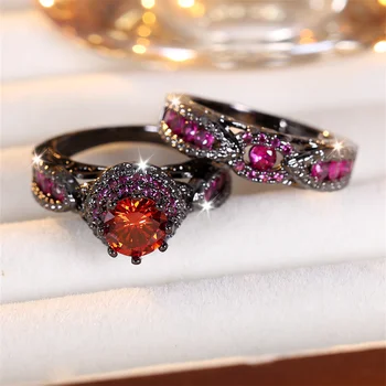 Luxury Crystal Ring Kivi Ring Set Roos Punane Tsirkoon Engagement Rõngad Naiste Vintage Black Metal Pruudi Komplekti Pulm Ehteid