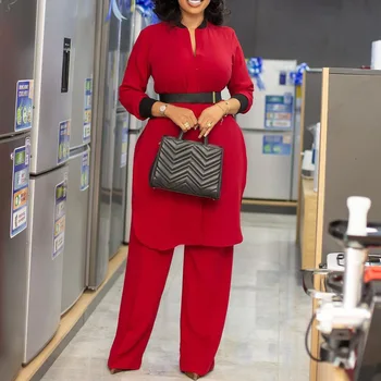 Naiste Kaks Tükki Set Pikk Pluus, millel Püksid Lai Jalg Püksid Casual Fashion Aafrika Naiste Ülikond Suvel, Kevadel Uus 2024 Sinine Punane