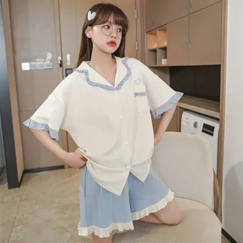 Pidžaama Komplekt Naine 2 Tükki Suvel Sleepwear Hingav Magus Armas Korea Versiooni Lühikesed Varrukad Lühikesed Püksid Lahti Kodus Kandma Naiste Ülikond