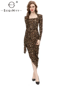 SEQINYY Elegantne Seksikas Kleit Midi Suvel, Kevadel Uus Mood Disain Naiste Raja Leopard Vintage Print Draped Tänava Poole, Kõrge
