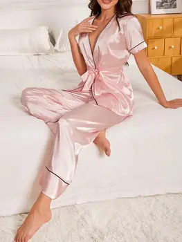 Silk Satin Tahke Naiste Pajama Seatud Lühikeste Varrukatega Wrap V Kaela Top Ja Pikad Püksid Vöö Naine Sleepwear 2 Tükki Nightwear