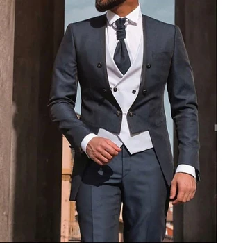 Slim Fit Meeste Ülikonnad Topelt Karavan Mantel 3 Tükki Peigmehe Smoking Pulm itaalia Stiilis Meeste Mood Jakk, Vest Püksid