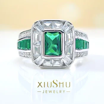 Soov Euroopa ja Ameerika Lahe Stiilis 925 Sterling Hõbe Mitmekülgne Ringi Komplekt koos Kõrge Süsiniku Diamond Kunstlik Emerald