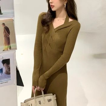 Talvel Vintage Kootud Kleit Naiste Päitsed Disainer Elegantne Pool Midi Kleit Naine Korea Fashion Tahke Õhuke Kampsun Kleit 2021